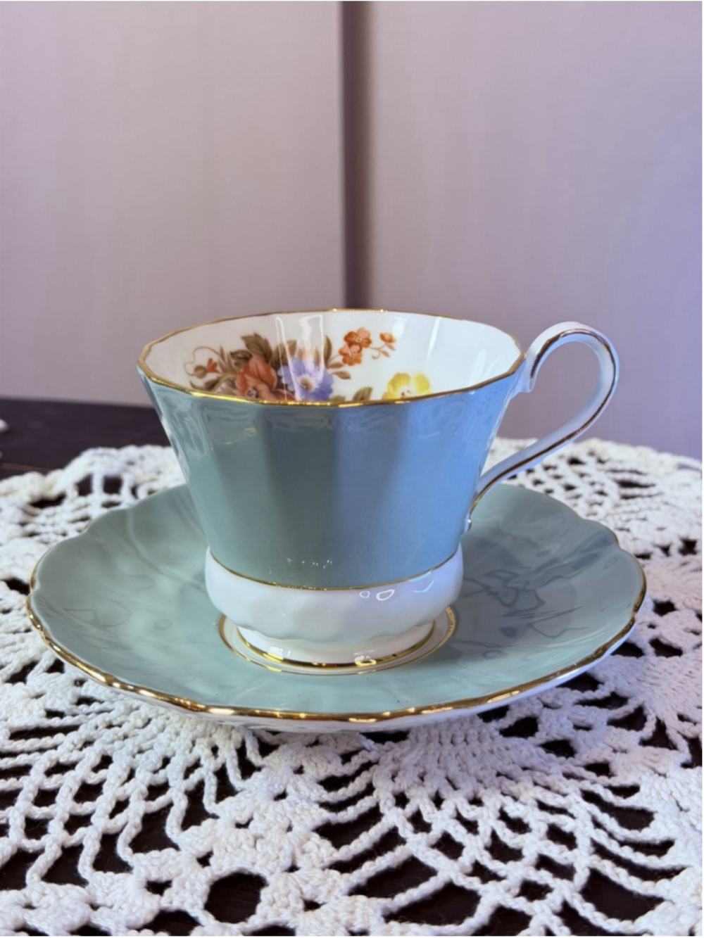 Vintage Aynsley England Bone China Teacup Saucer Turquoise Floral Gold Trim